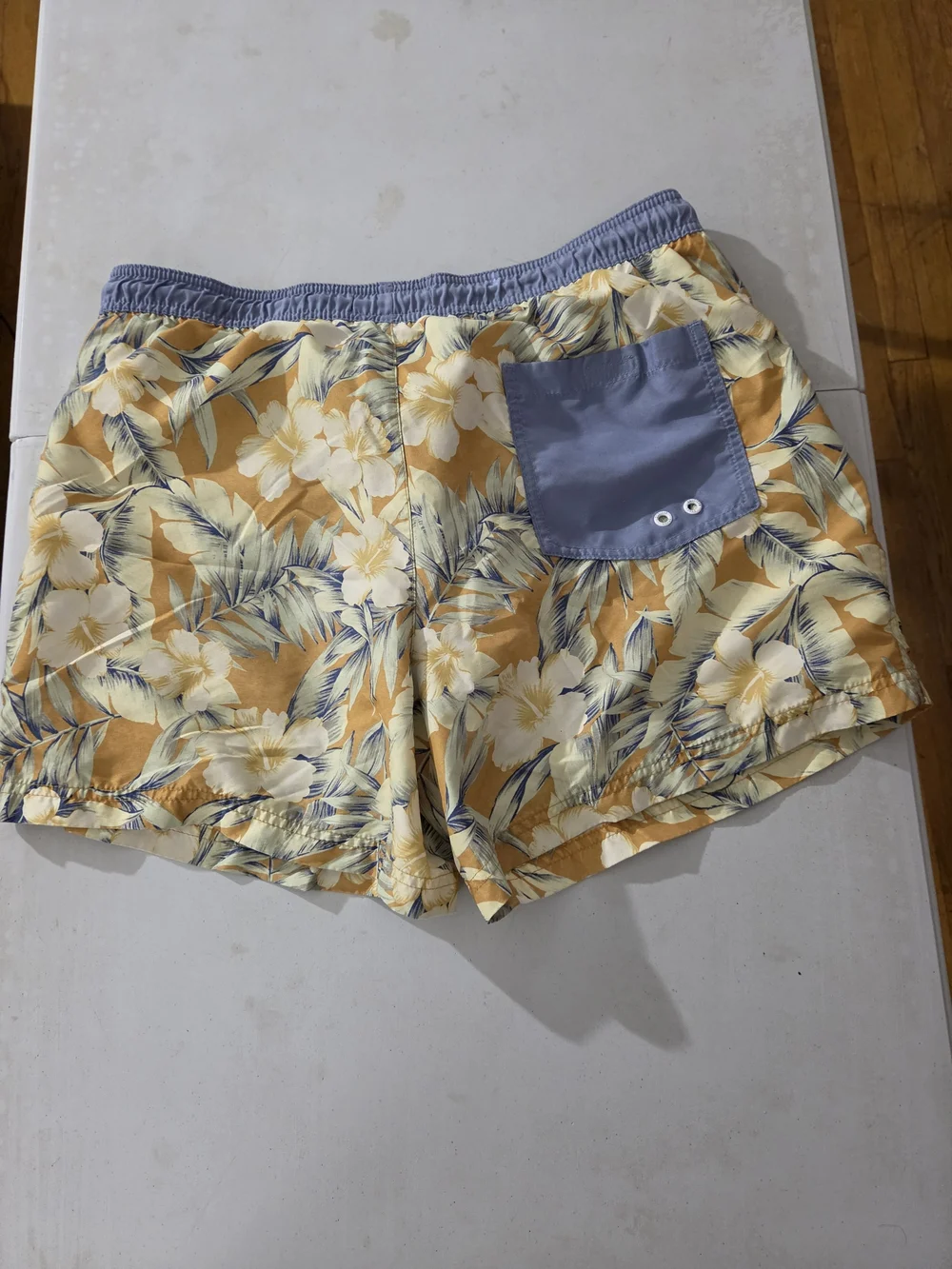American Eagle Outfitters Yellow Floral Swim Trunks with Blue Waistband